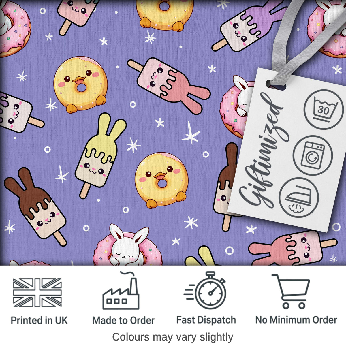 Cute Easter Bunny Ice Cream Donut Chick Kawaii Purple Star Background Seamless Pattern Digital Print Fabric by the Metre UK