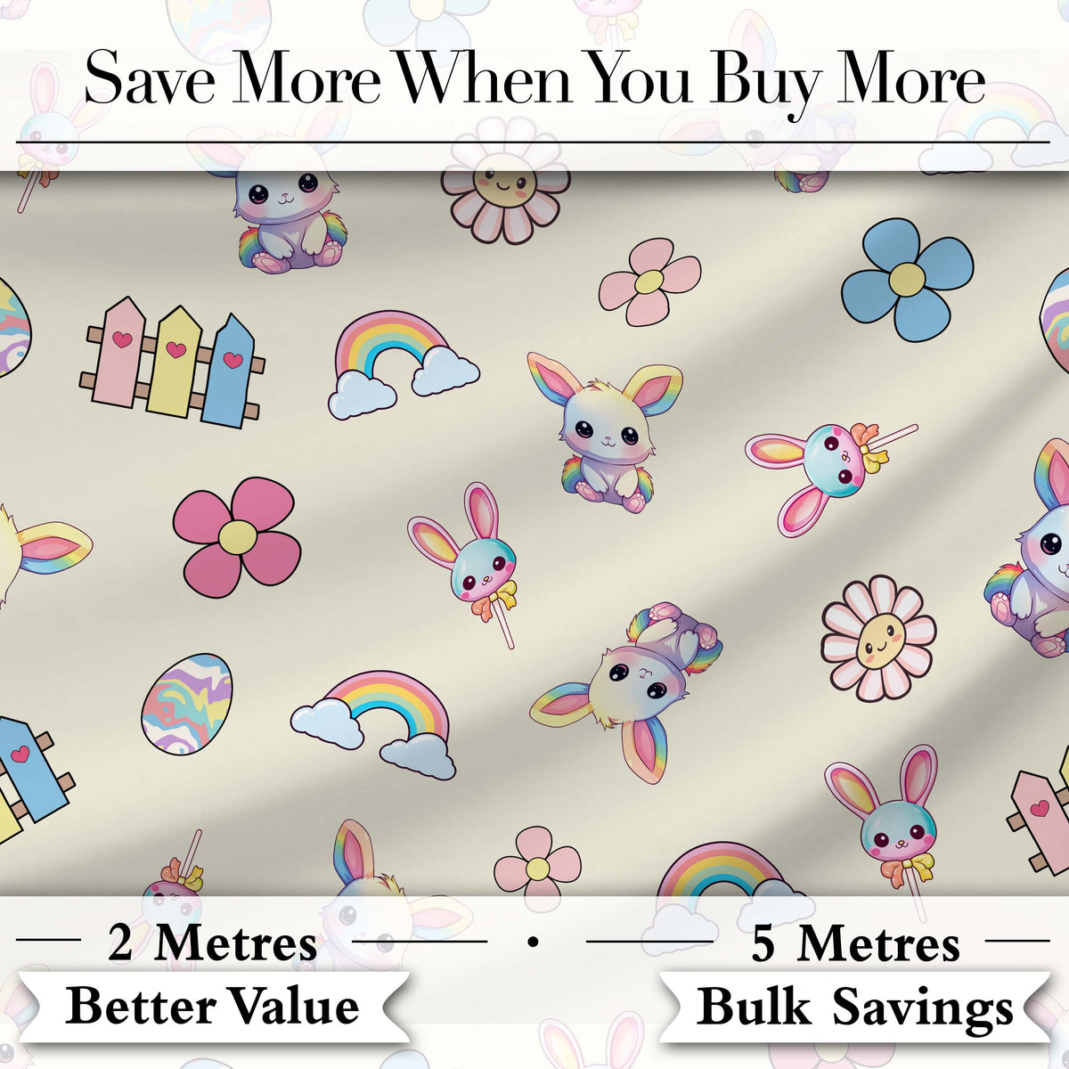 Cute Rainbow Bunny Flower Egg Pastel Kawaii Cream Background Seamless Pattern Digital Print Fabric by the Metre UK