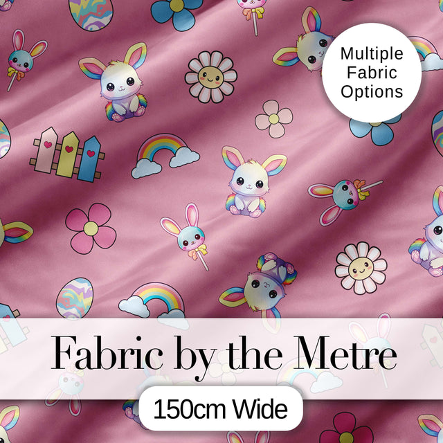 Cute Rainbow Bunny Flower Egg Pastel Kawaii Pink Background Seamless Pattern Digital Print Fabric by the Metre UK