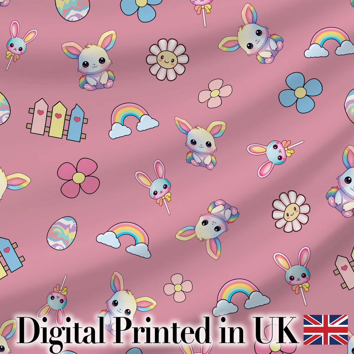 Cute Rainbow Bunny Flower Egg Pastel Kawaii Pink Background Seamless Pattern Digital Print Fabric by the Metre UK