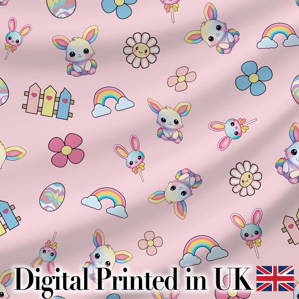 Cute Rainbow Bunny Flower Egg Pastel Pink Background Seamless Pattern Digital Print Fabric by the Metre UK Sewing Quilting Textile