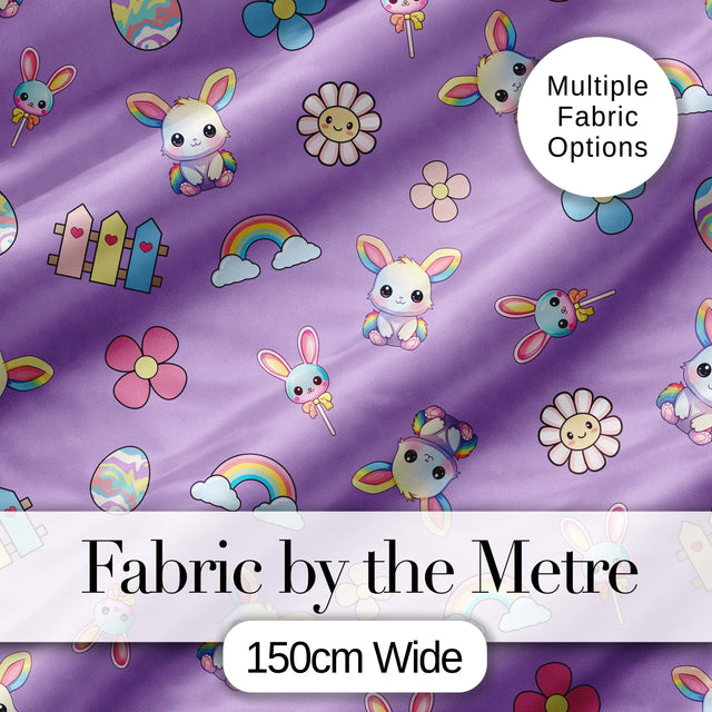 Cute Rainbow Bunny Flower Egg Pastel Purple Background Seamless Pattern Digital Print Fabric by the Metre UK Sewing Quilting Textile