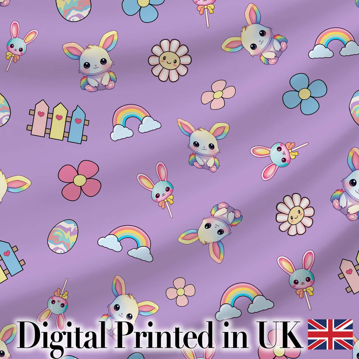 Cute Rainbow Bunny Flower Egg Pastel Purple Background Seamless Pattern Digital Print Fabric by the Metre UK Sewing Quilting Textile