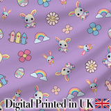 Cute Rainbow Bunny Flower Egg Pastel Purple Background Seamless Pattern Digital Print Fabric by the Metre UK Sewing Quilting Textile