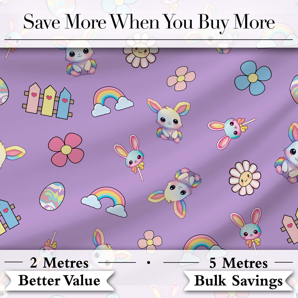 Cute Rainbow Bunny Flower Egg Pastel Purple Background Seamless Pattern Digital Print Fabric by the Metre UK Sewing Quilting Textile