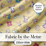 Cute Rainbow Bunny Flower Egg Pastel Yellow Background Seamless Pattern Digital Print Fabric by the Metre UK Sewing Quilting Textile