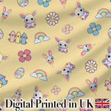 Cute Rainbow Bunny Flower Egg Pastel Yellow Background Seamless Pattern Digital Print Fabric by the Metre UK Sewing Quilting Textile