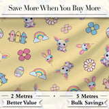 Cute Rainbow Bunny Flower Egg Pastel Yellow Background Seamless Pattern Digital Print Fabric by the Metre UK Sewing Quilting Textile