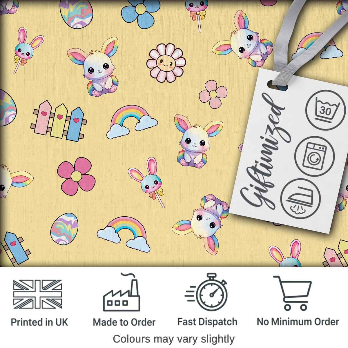 Cute Rainbow Bunny Flower Egg Pastel Yellow Background Seamless Pattern Digital Print Fabric by the Metre UK Sewing Quilting Textile