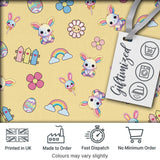 Cute Rainbow Bunny Flower Egg Pastel Yellow Background Seamless Pattern Digital Print Fabric by the Metre UK Sewing Quilting Textile