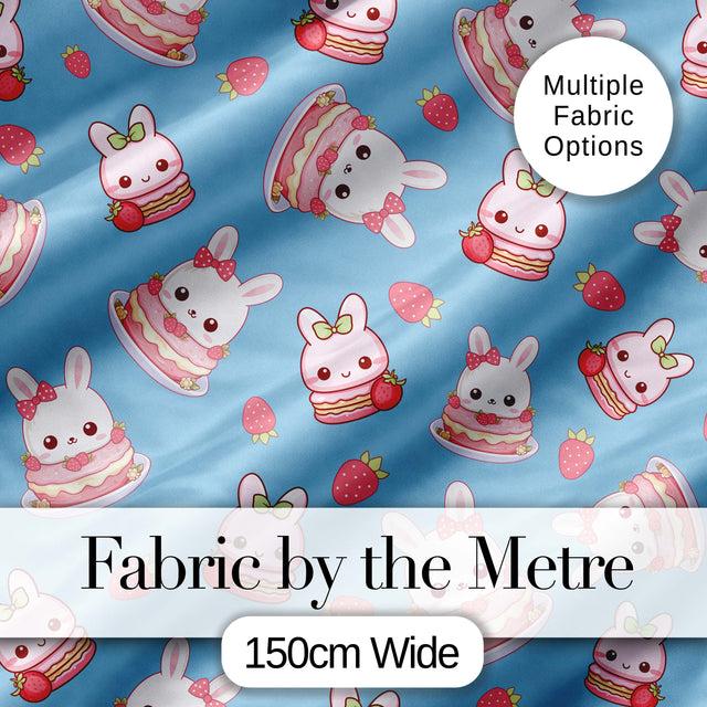 Cute Strawberry Bunny Cake Dessert Kawaii Blue Background Seamless Pattern Digital Print Fabric by the Metre UK Sewing Quilting Textile