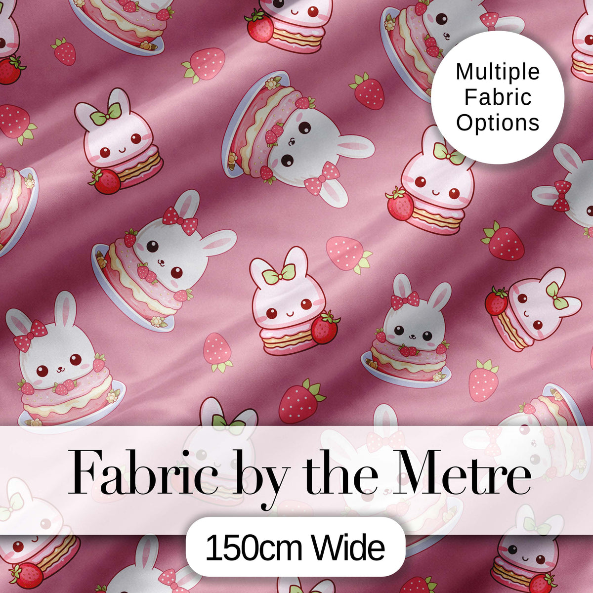 Cute Strawberry Bunny Cake Dessert Pink Background Seamless Pattern Digital Print Fabric by the Metre UK Sewing Quilting Textile