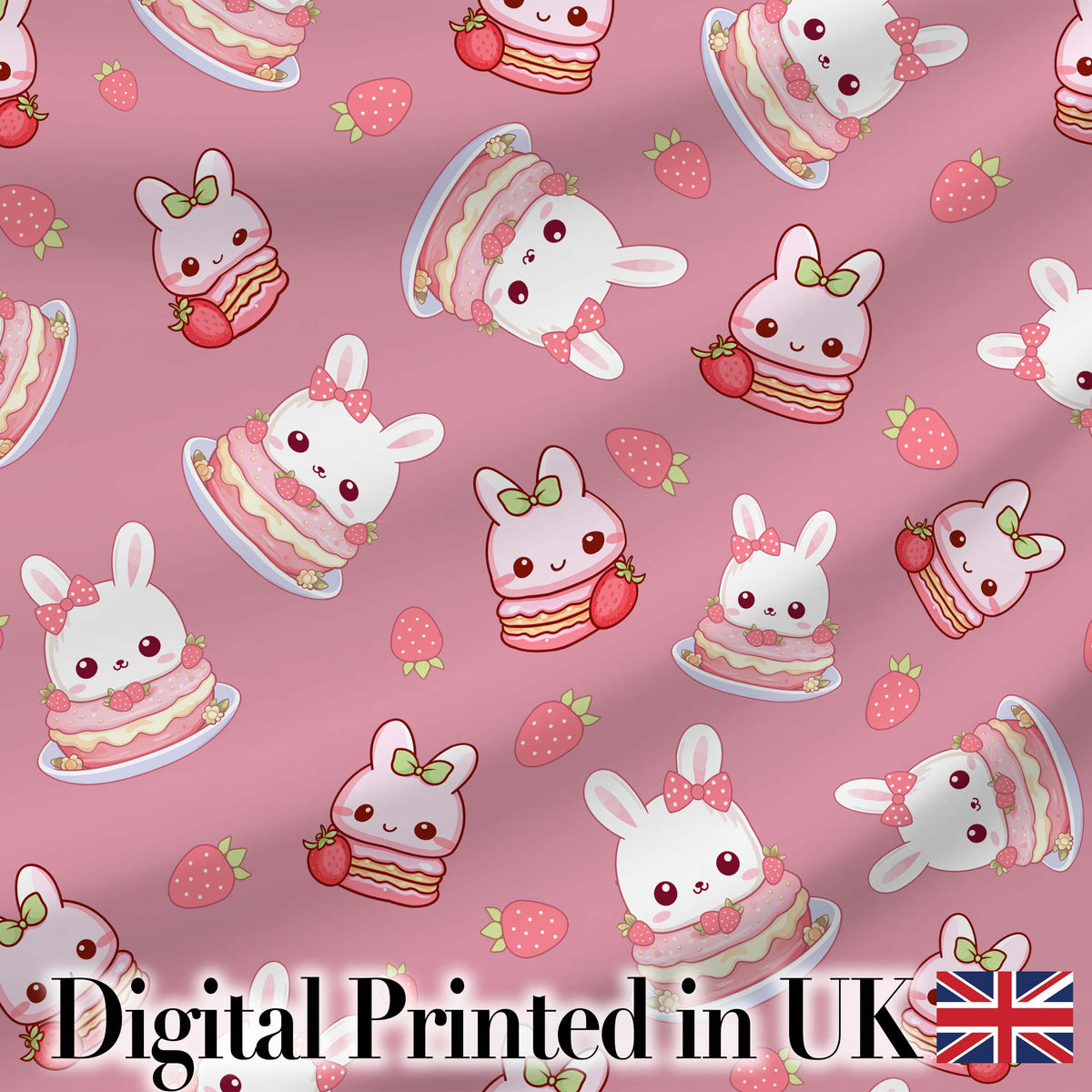 Cute Strawberry Bunny Cake Dessert Pink Background Seamless Pattern Digital Print Fabric by the Metre UK Sewing Quilting Textile
