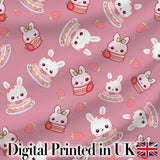 Cute Strawberry Bunny Cake Dessert Pink Background Seamless Pattern Digital Print Fabric by the Metre UK Sewing Quilting Textile