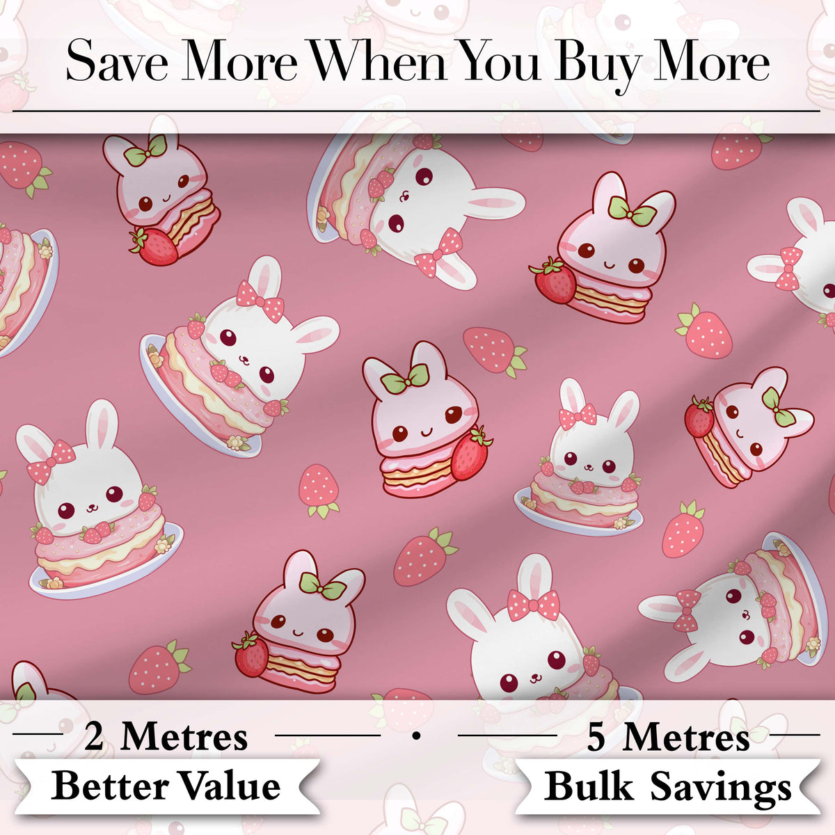Cute Strawberry Bunny Cake Dessert Pink Background Seamless Pattern Digital Print Fabric by the Metre UK Sewing Quilting Textile