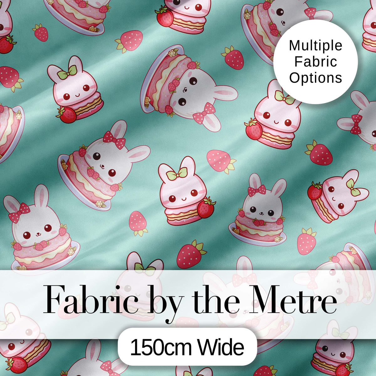 Cute Strawberry Bunny Cake Dessert Mint Background Seamless Pattern Digital Print Fabric by the Metre UK Sewing Quilting Textile