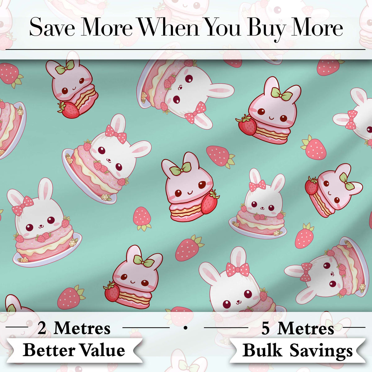 Cute Strawberry Bunny Cake Dessert Mint Background Seamless Pattern Digital Print Fabric by the Metre UK Sewing Quilting Textile