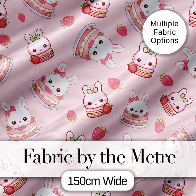 Cute Strawberry Bunny Cake Dessert Blush Background Seamless Pattern Digital Print Fabric by the Metre UK Sewing Quilting Textile