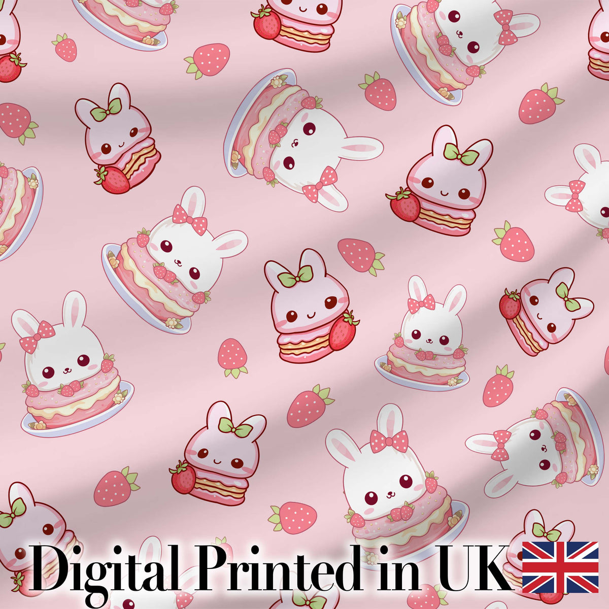 Cute Strawberry Bunny Cake Dessert Blush Background Seamless Pattern Digital Print Fabric by the Metre UK Sewing Quilting Textile