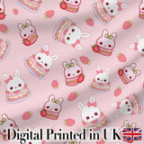 Cute Strawberry Bunny Cake Dessert Blush Background Seamless Pattern Digital Print Fabric by the Metre UK Sewing Quilting Textile
