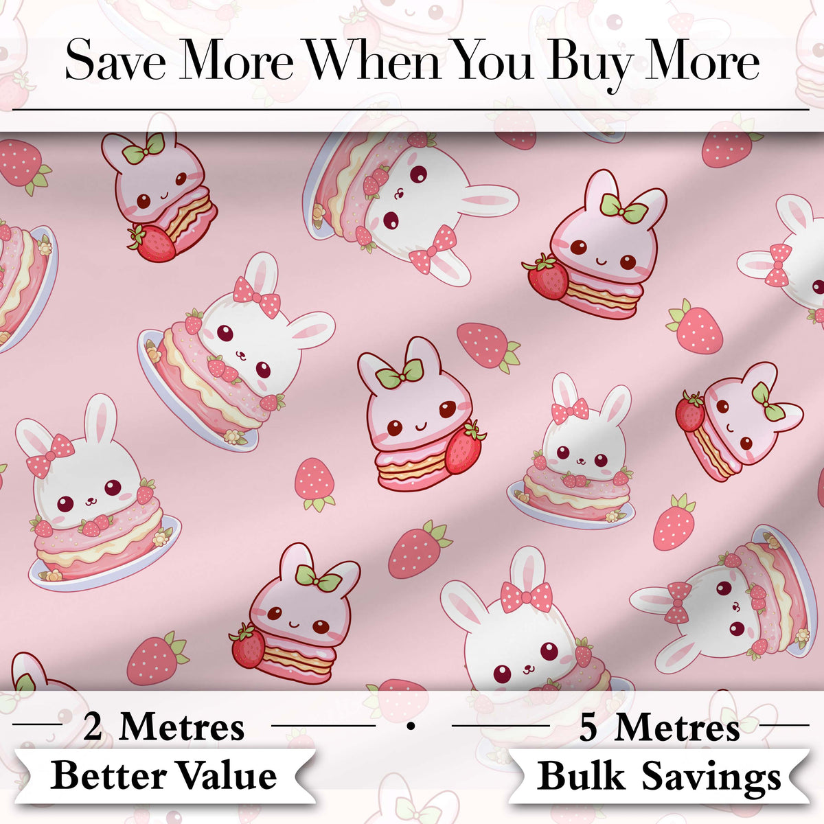 Cute Strawberry Bunny Cake Dessert Blush Background Seamless Pattern Digital Print Fabric by the Metre UK Sewing Quilting Textile