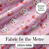 Cute Strawberry Bunny Cake Dessert Rose Background Seamless Pattern Digital Print Fabric by the Metre UK Sewing Quilting Textile