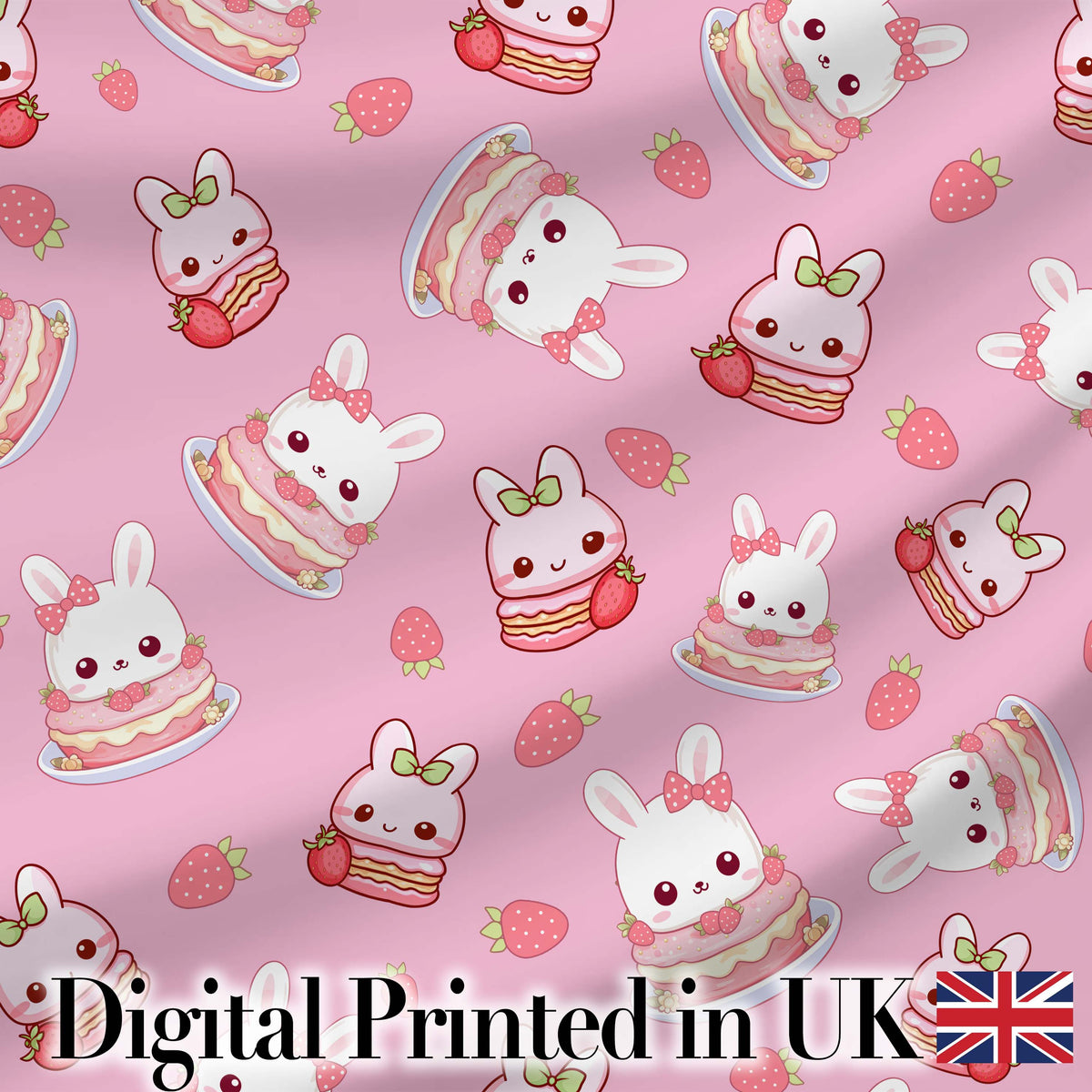 Cute Strawberry Bunny Cake Dessert Rose Background Seamless Pattern Digital Print Fabric by the Metre UK Sewing Quilting Textile