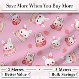 Cute Strawberry Bunny Cake Dessert Rose Background Seamless Pattern Digital Print Fabric by the Metre UK Sewing Quilting Textile