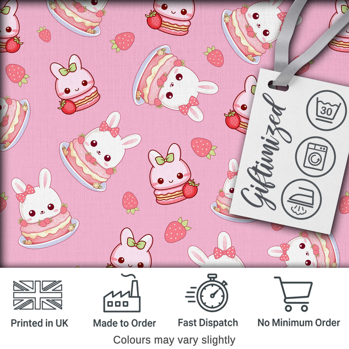 Cute Strawberry Bunny Cake Dessert Rose Background Seamless Pattern Digital Print Fabric by the Metre UK Sewing Quilting Textile