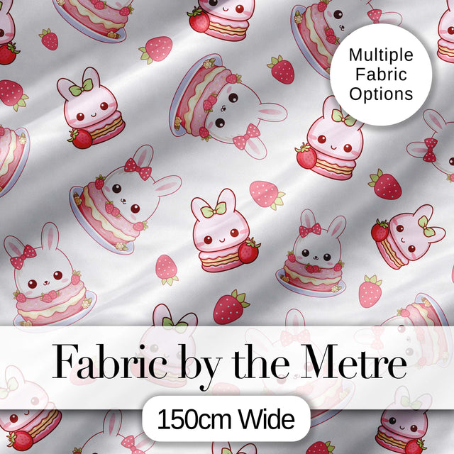 Cute Strawberry Bunny Cake Dessert Grey Background Seamless Pattern Digital Print Fabric by the Metre UK Sewing Quilting Textile