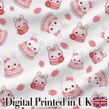 Cute Strawberry Bunny Cake Dessert Grey Background Seamless Pattern Digital Print Fabric by the Metre UK Sewing Quilting Textile