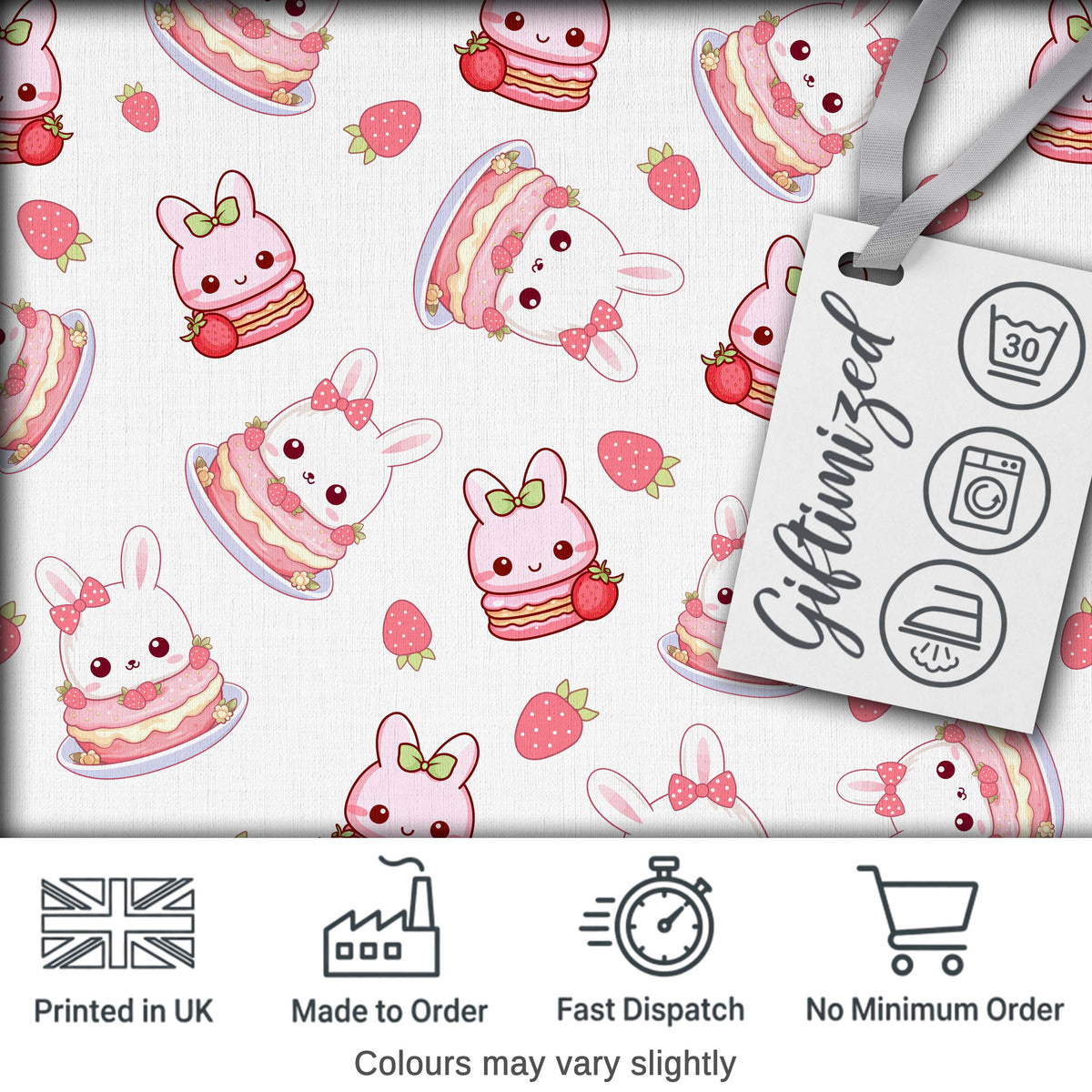 Cute Strawberry Bunny Cake Dessert Grey Background Seamless Pattern Digital Print Fabric by the Metre UK Sewing Quilting Textile