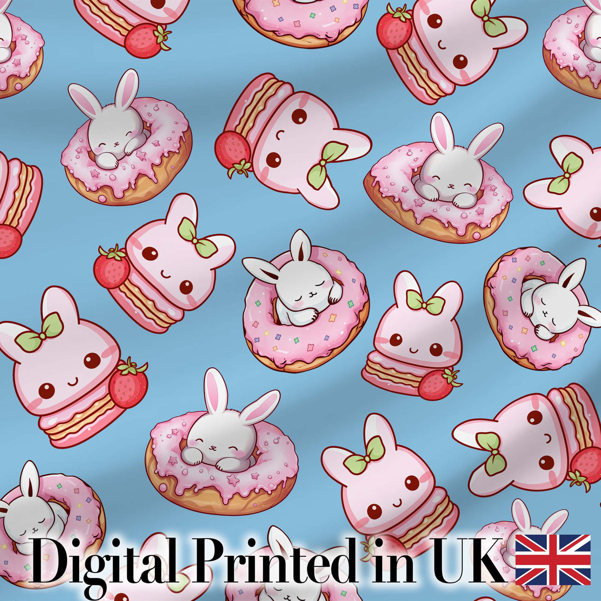 Cute Bunny Donut Dessert Kawaii Blue Background Seamless Pattern Digital Print Fabric by the Metre UK Sewing Quilting Textile