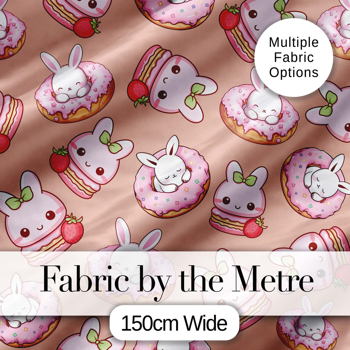 Cute Bunny Donut Dessert Kawaii Peach Background Seamless Pattern Digital Print Fabric by the Metre UK Sewing Quilting Textile