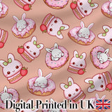 Cute Bunny Donut Dessert Kawaii Peach Background Seamless Pattern Digital Print Fabric by the Metre UK Sewing Quilting Textile