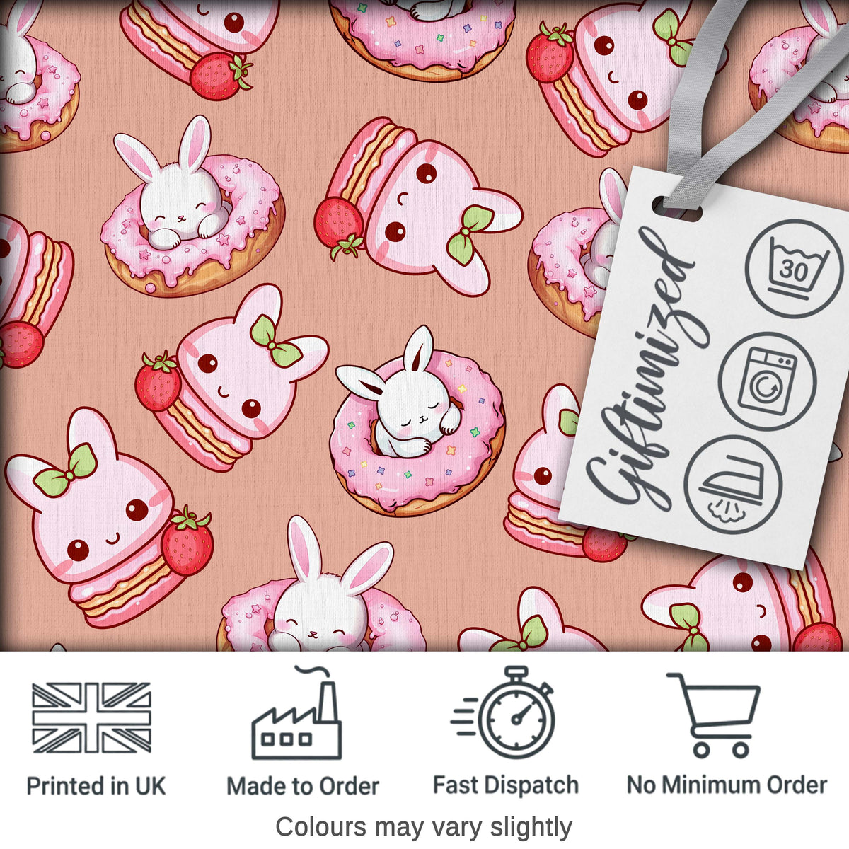 Cute Bunny Donut Dessert Kawaii Peach Background Seamless Pattern Digital Print Fabric by the Metre UK Sewing Quilting Textile