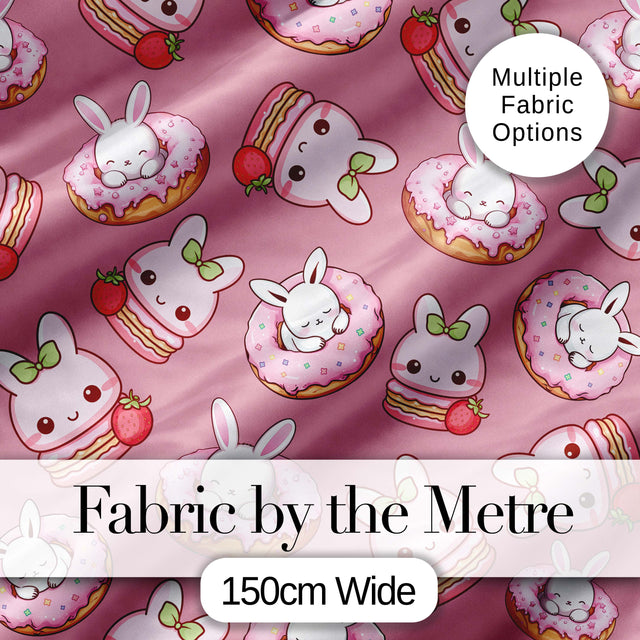Cute Bunny Donut Dessert Kawaii Pink Background Seamless Pattern Digital Print Fabric by the Metre UK Sewing Quilting Textile