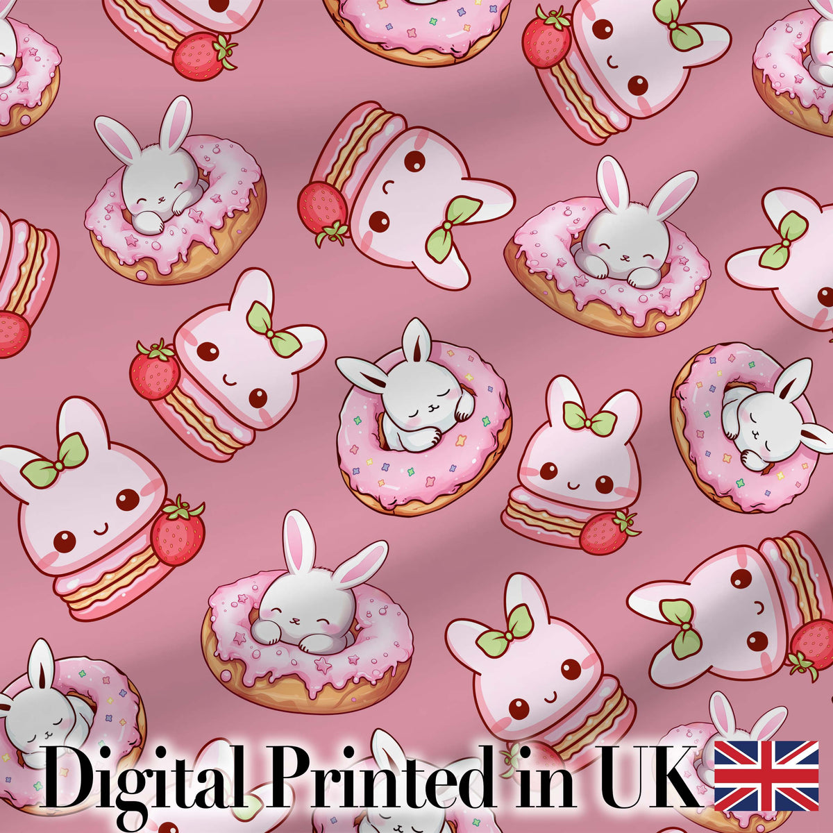 Cute Bunny Donut Dessert Kawaii Pink Background Seamless Pattern Digital Print Fabric by the Metre UK Sewing Quilting Textile