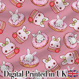 Cute Bunny Donut Dessert Kawaii Pink Background Seamless Pattern Digital Print Fabric by the Metre UK Sewing Quilting Textile