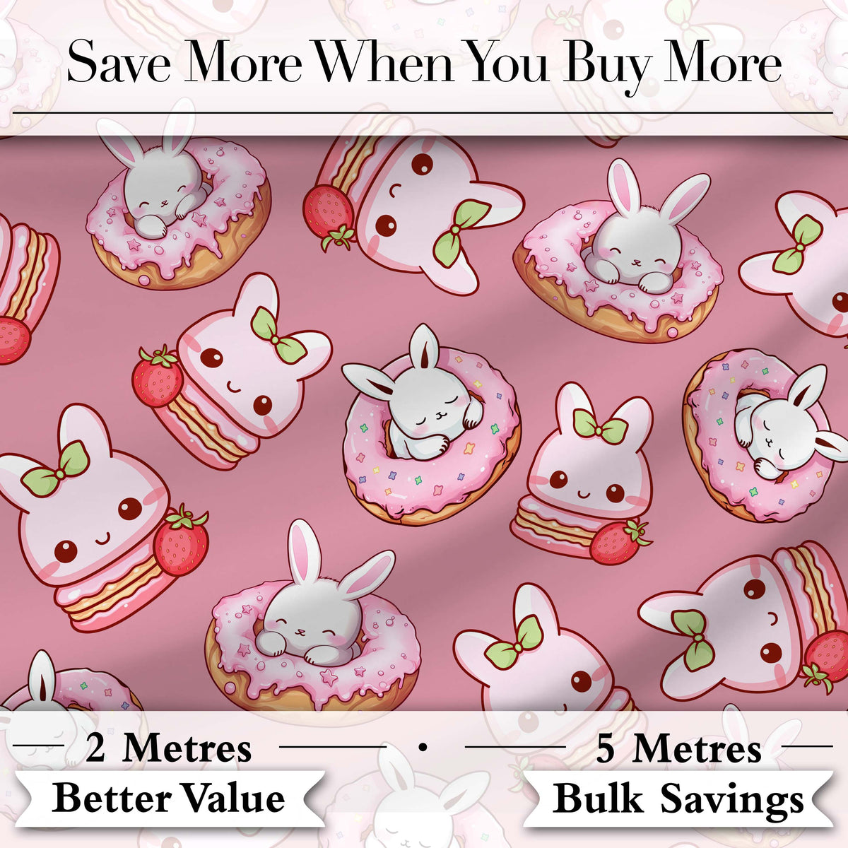 Cute Bunny Donut Dessert Kawaii Pink Background Seamless Pattern Digital Print Fabric by the Metre UK Sewing Quilting Textile