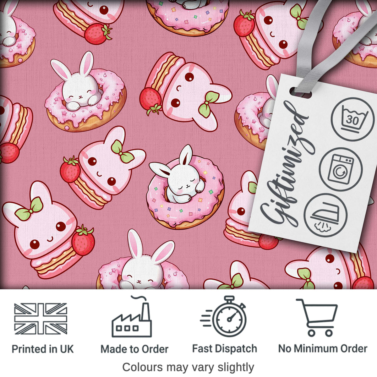 Cute Bunny Donut Dessert Kawaii Pink Background Seamless Pattern Digital Print Fabric by the Metre UK Sewing Quilting Textile