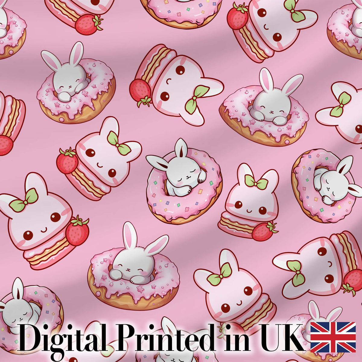 Cute Bunny Donut Dessert Kawaii Pinky Background Seamless Pattern Digital Print Fabric by the Metre UK Sewing Quilting Textile
