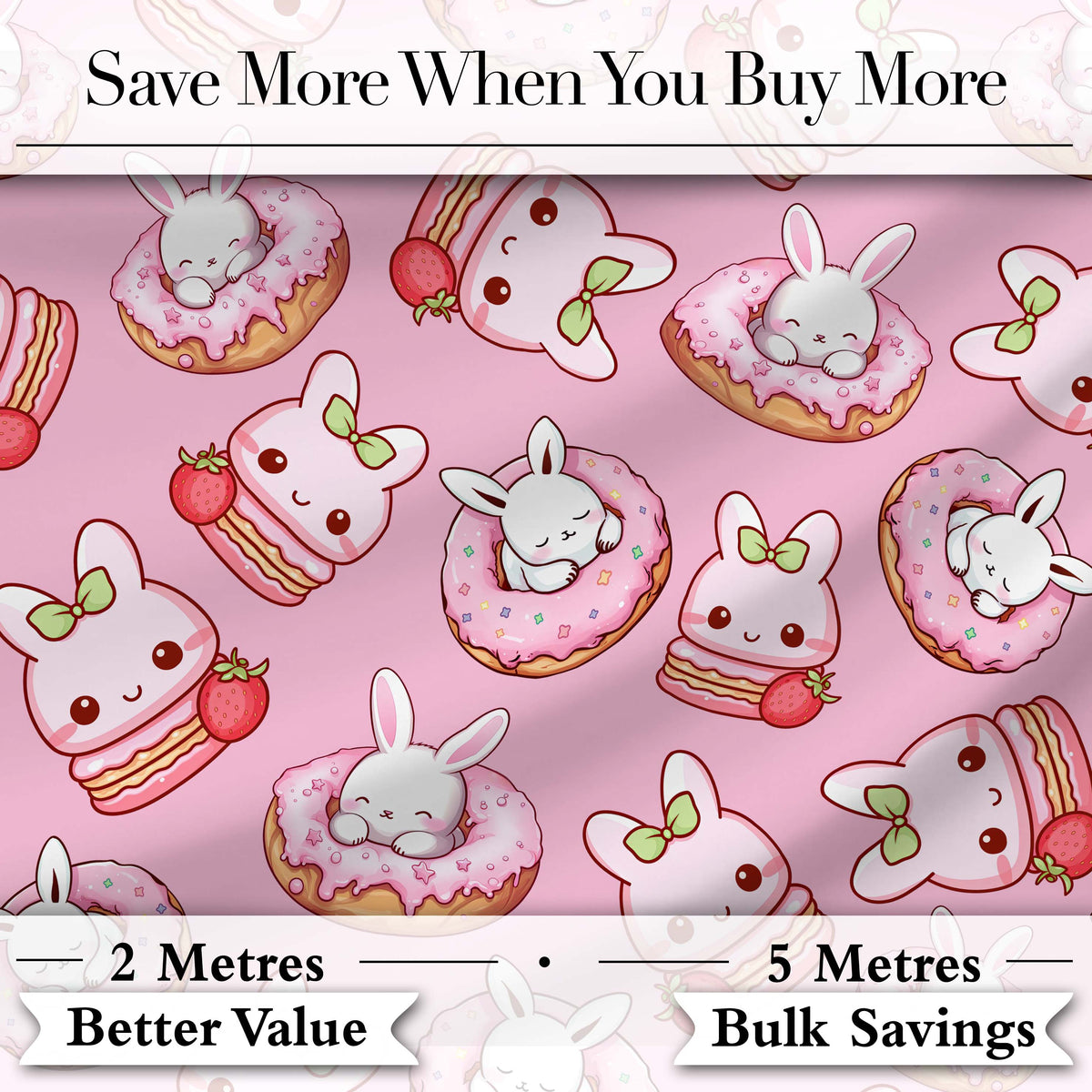 Cute Bunny Donut Dessert Kawaii Pinky Background Seamless Pattern Digital Print Fabric by the Metre UK Sewing Quilting Textile