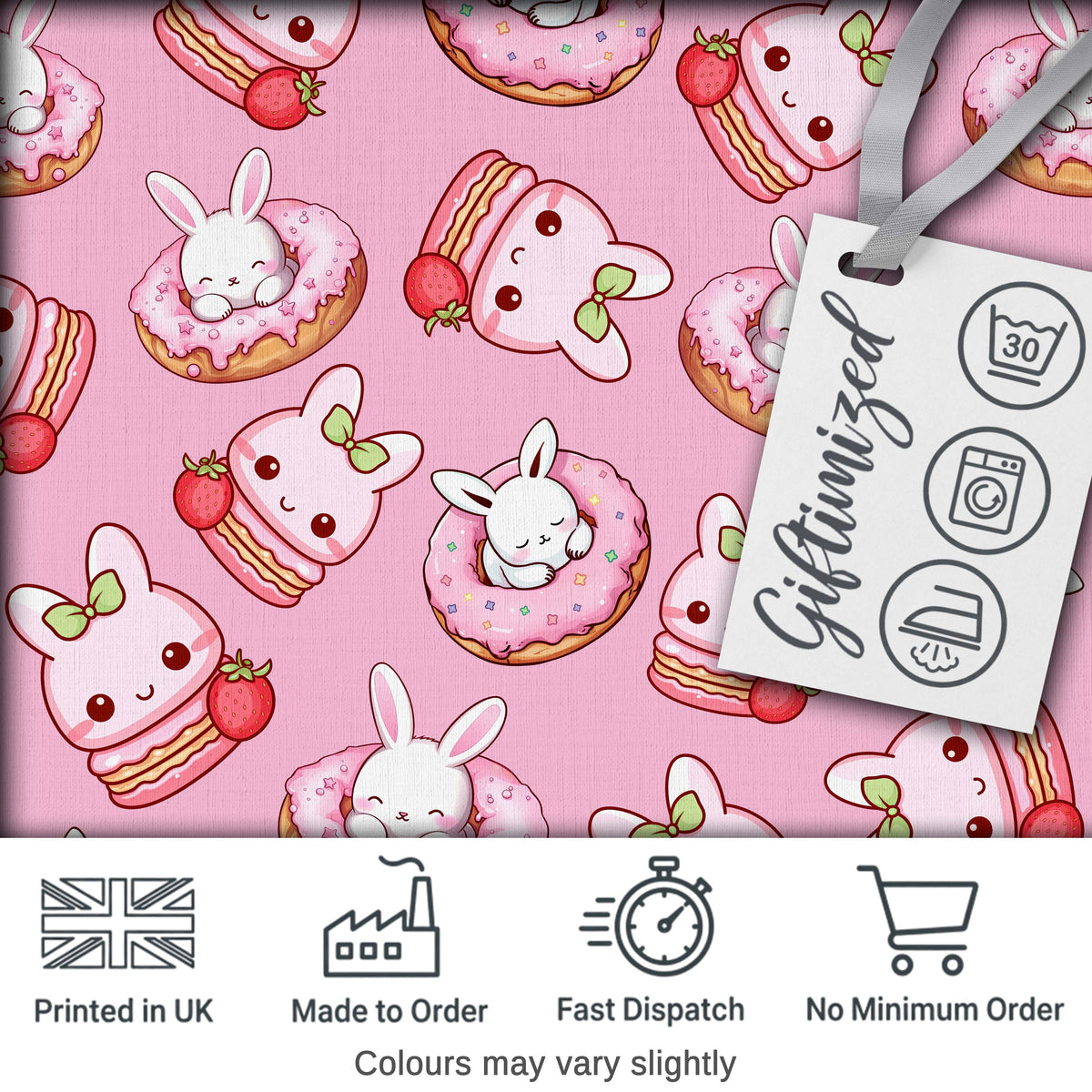Cute Bunny Donut Dessert Kawaii Pinky Background Seamless Pattern Digital Print Fabric by the Metre UK Sewing Quilting Textile