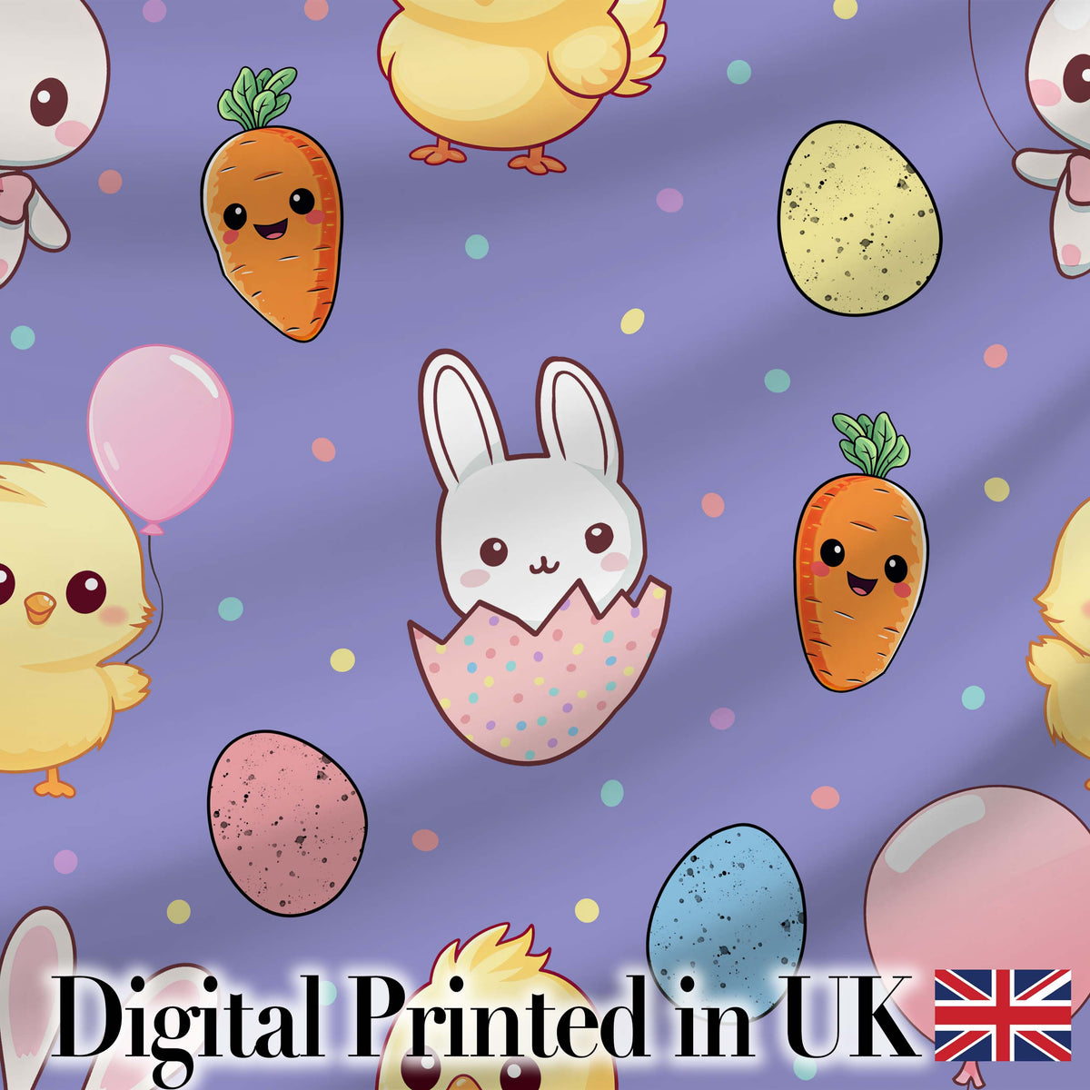 Cute Easter Bunny Chick Carrot Egg Purple Background Seamless Pattern Digital Print Fabric by the Metre UK Sewing Quilting Textile
