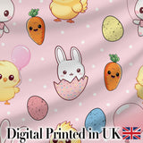 Cute Easter Bunny Chick Carrot Egg Blush Polka Dot Seamless Pattern Digital Print Fabric by the Metre UK Sewing Quilting Textile
