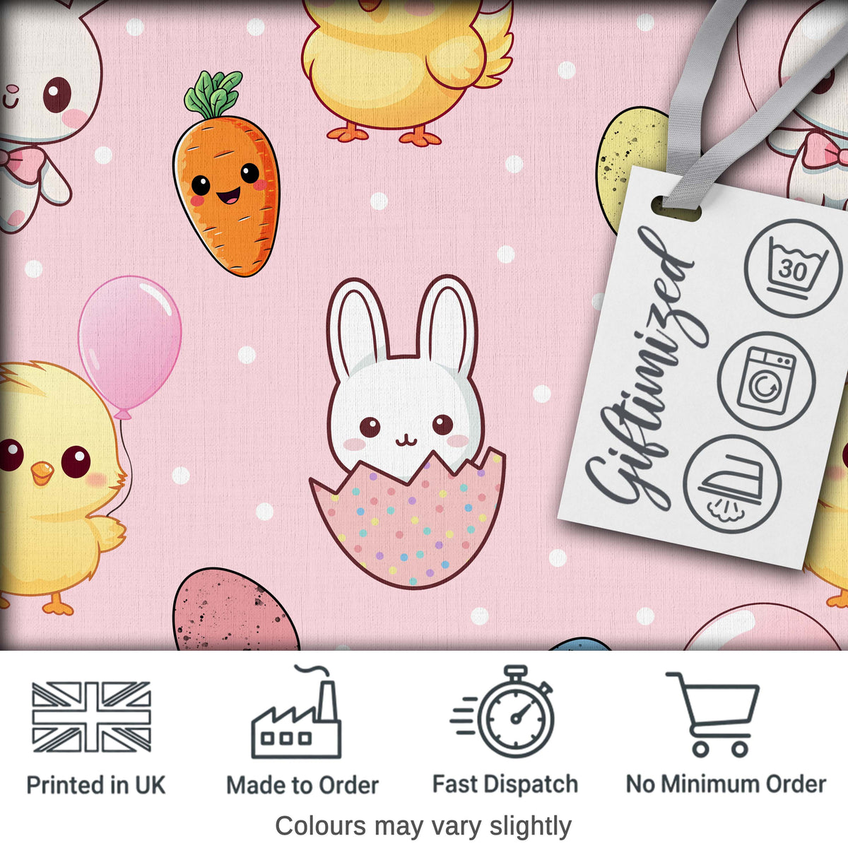 Cute Easter Bunny Chick Carrot Egg Blush Polka Dot Seamless Pattern Digital Print Fabric by the Metre UK Sewing Quilting Textile
