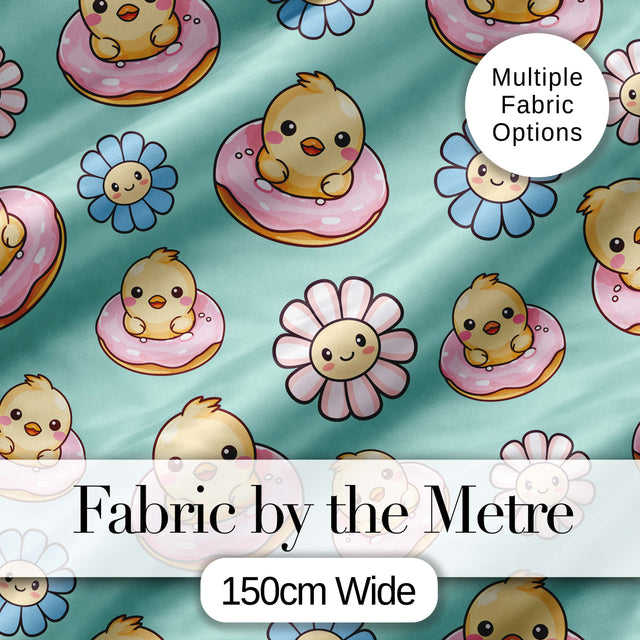 Kawaii Chick Sitting on Donut with Flowers Seamless Pattern Mint Background Digital Print Fabric by the Metre UK Sewing Quilting Textile
