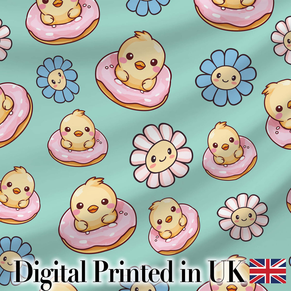 Kawaii Chick Sitting on Donut with Flowers Seamless Pattern Mint Background Digital Print Fabric by the Metre UK Sewing Quilting Textile