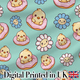 Kawaii Chick Sitting on Donut with Flowers Seamless Pattern Mint Background Digital Print Fabric by the Metre UK Sewing Quilting Textile